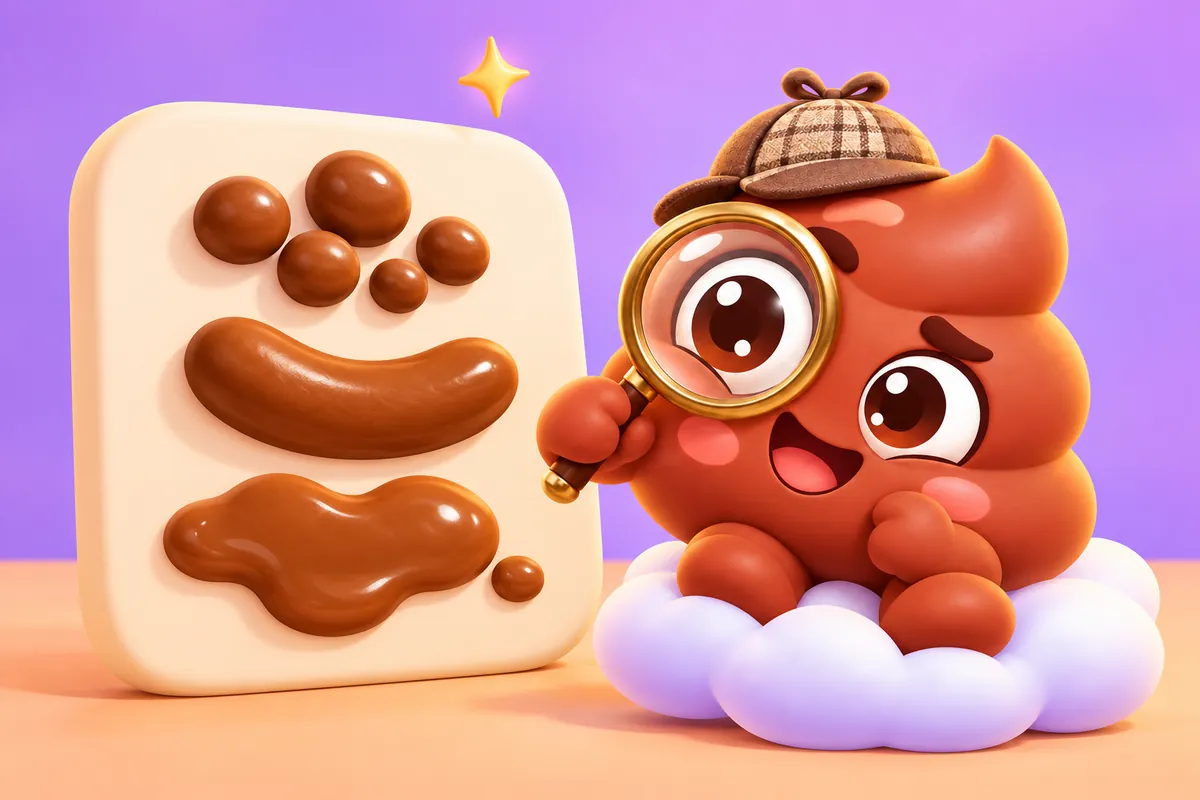 PooDoo wearing a detective hat and holding a magnifying glass beside three illustrated poop shapes on a cream board.