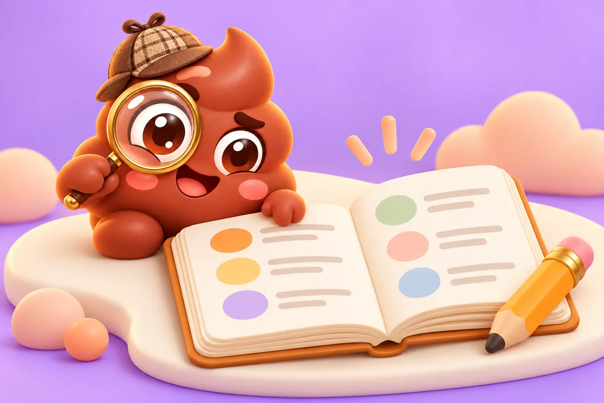 PooDoo in a detective hat examining an open daily journal beside a pencil.