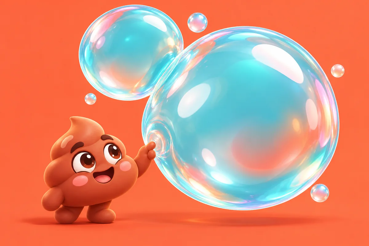 PooDoo touche une grande bulle turquoise flottant sur fond orange.
