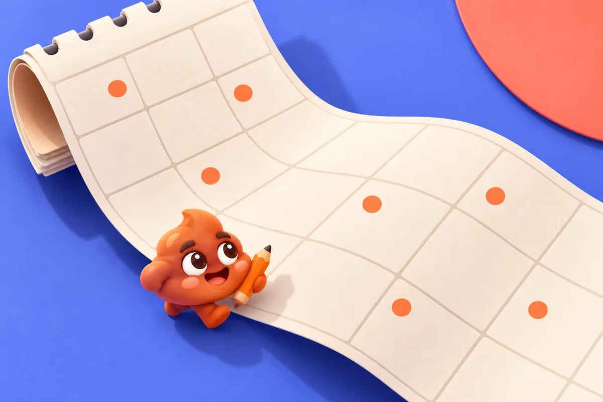 Un petit PooDoo marche avec un crayon près d’un calendrier incurvé marqué de points orange.