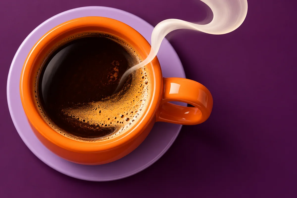 Overhead close-up of an orange coffee cup and lilac saucer on a deep plum background.