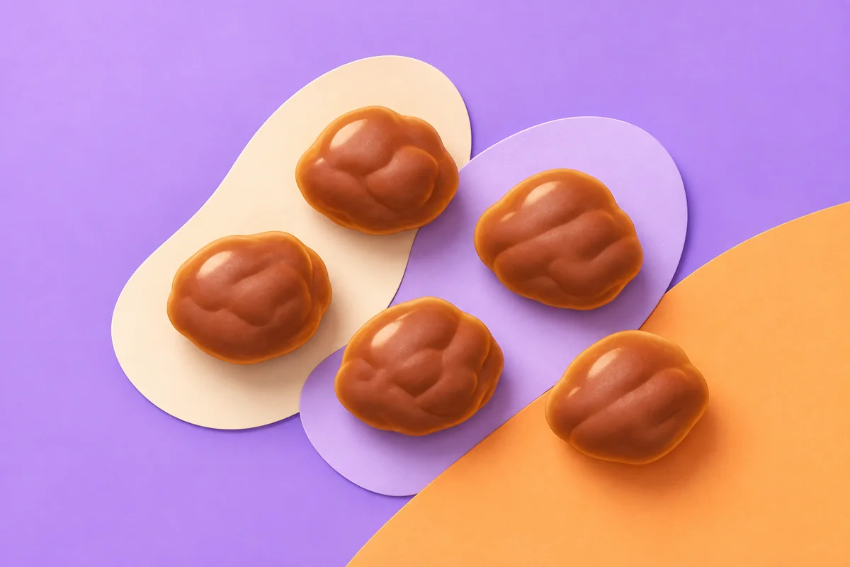 Cinq formes de selles brunes et arrondies sur des surfaces crème, lilas et orange superposées.