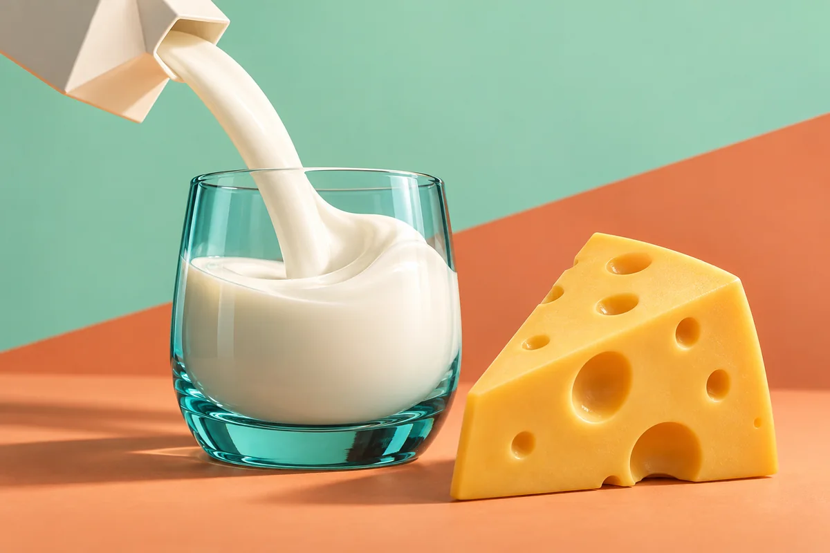 Milk pours into an aqua glass beside a yellow cheese wedge.