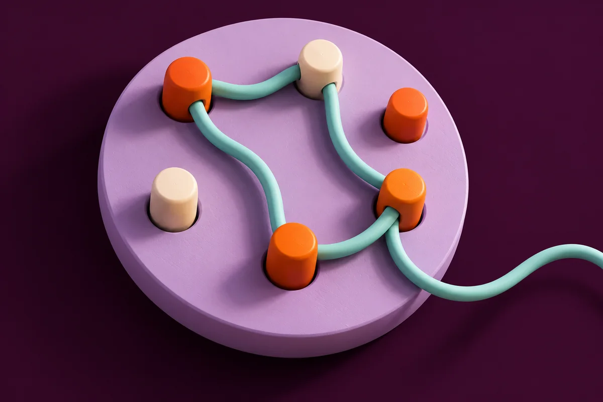 Des plots orange et crème sur un disque lilas, partiellement reliés par un cordon turquoise dont une extrémité reste libre.