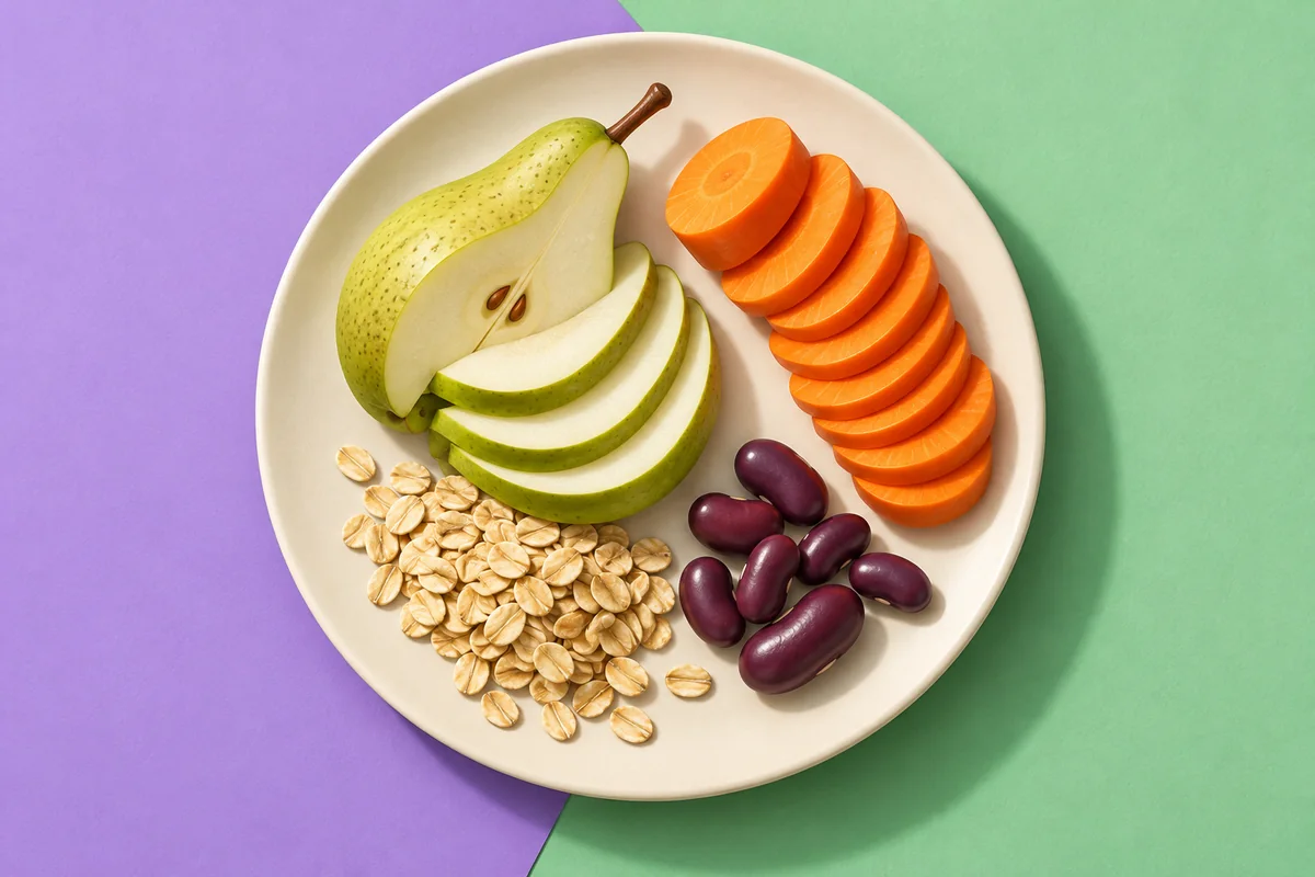 Overhead view of pear slices, carrot, oats and beans on a cream plate.