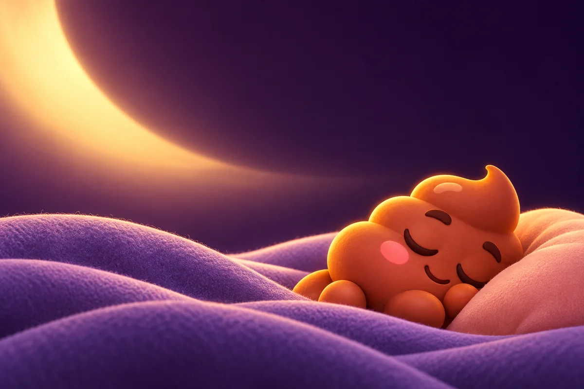 暖かな夜の光の中、桃色の枕に寄り添い、薄紫色の毛布で眠るPooDoo。