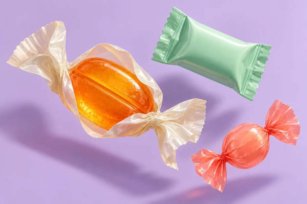 Trois confiseries pastel dans des emballages translucides flottent sur fond lilas.