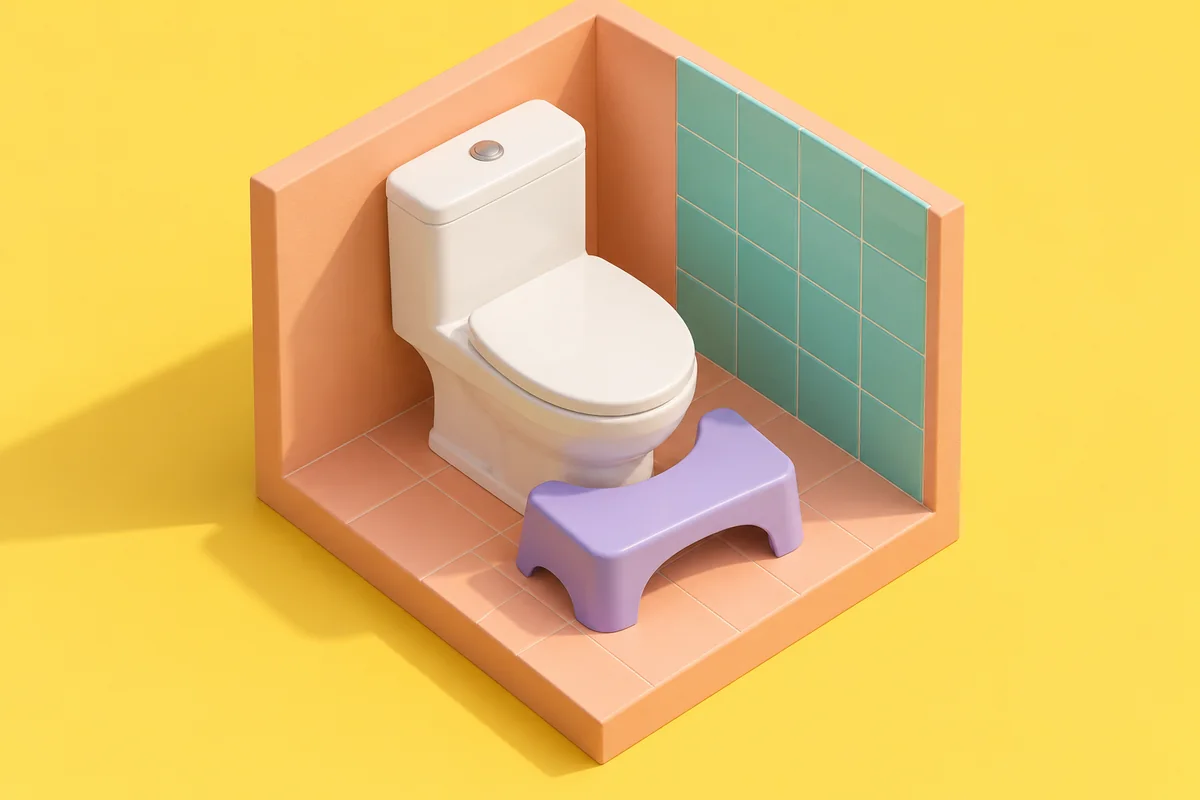 Salle de bains miniature couleur pêche avec des toilettes blanches et un marchepied lilas, vue du dessus.