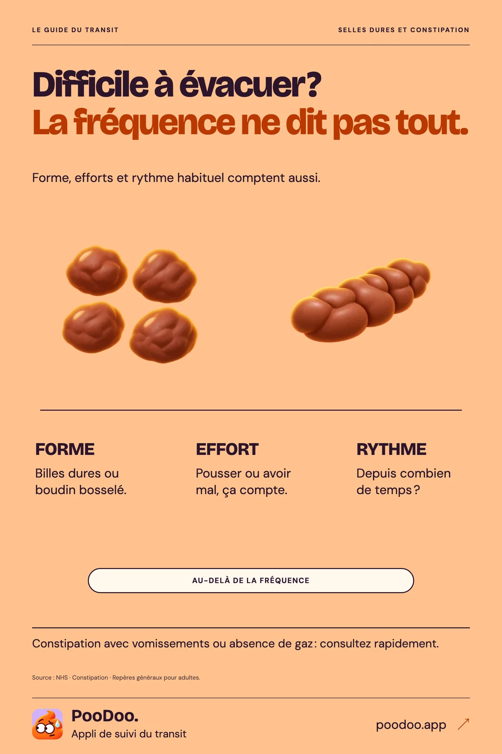Infographie sur les selles dures, les efforts aux toilettes et les habitudes à observer.
